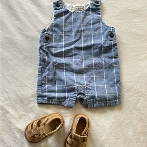 Blue Striped Baby Romper with Tan Shoes